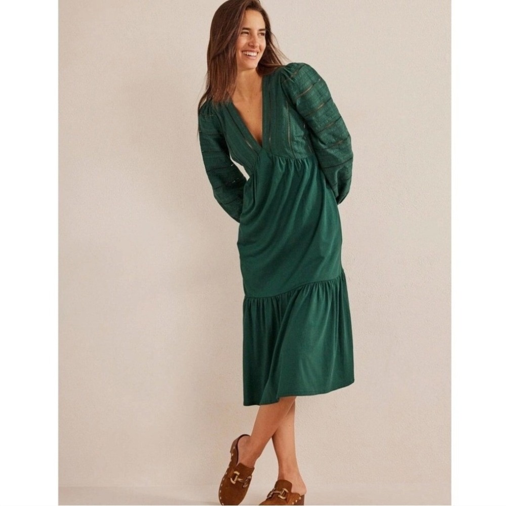Boden Forest Green Woven‎ Mix Midi Jersey Dress D0492 Size US8 Boho NWT